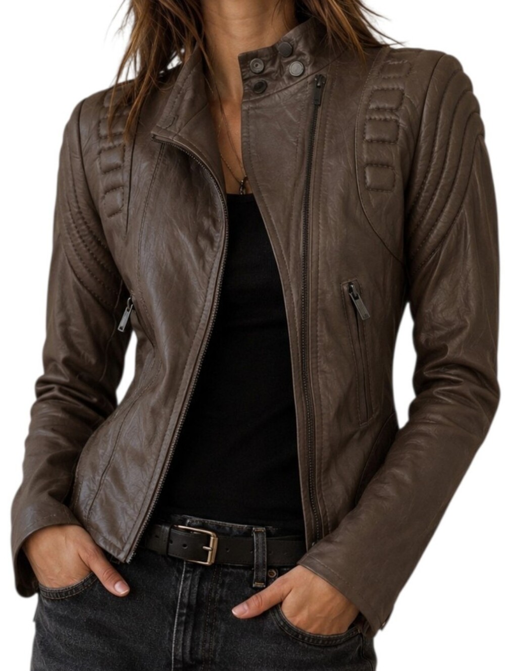 BCBGMaxazria Leather Moto Boho Jacket Taupe Women XS Biker